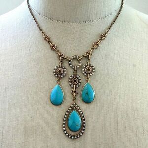 Monet Faux Turquoise Statement Drop Necklace Vintage Gold Tone